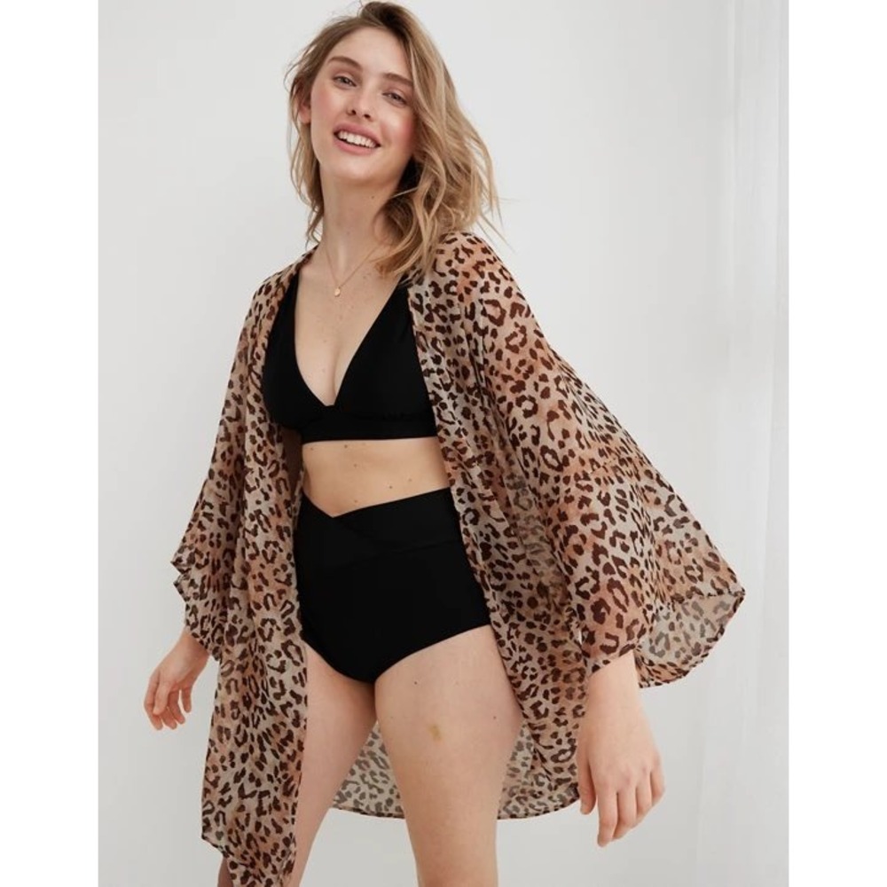 NWT Aerie One Size Leopard Print Chiffon Kimono Cover Up Cape Duster